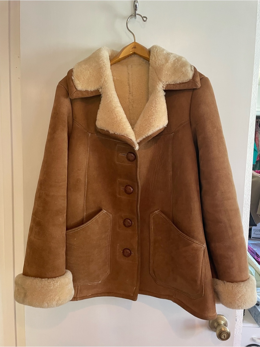 Bespoke Tan Brown Suede-Look Shearling Jacket with Cream Lining